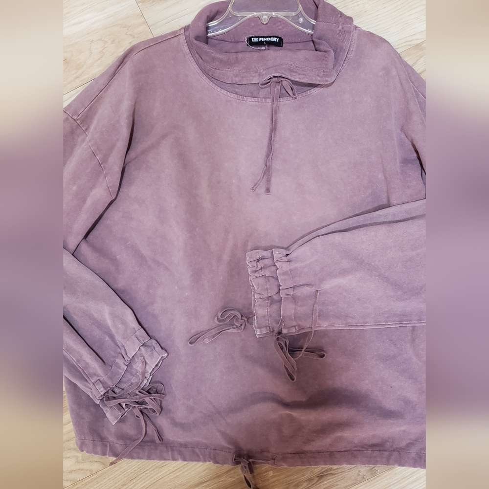 Women L Pullover Light Purple Cowl Neck Ruffle On Sleeve Cotton Quiet Luxury